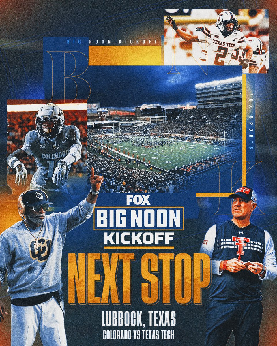 Big Noon Kickoff (@bnkonfox) on Twitter photo NEXT STOP: Texas Tech ๐ฅ๐
Big Noon Kickoff will be bringing the party to Lubbock ahead of <a href="/TexasTechFB/">Texas Tech Football</a>'s matchup with <a href="/CUBuffsFootball/">Colorado Buffaloes Football</a> at 4pm ET on FOX ๐ NEXT STOP: Texas Tech ๐ฅ๐
Big Noon Kickoff will be bringing the party to Lubbock ahead of <a href="/TexasTechFB/">Texas Tech Football</a>'s matchup with <a href="/CUBuffsFootball/">Colorado Buffaloes Football</a> at 4pm ET on FOX ๐