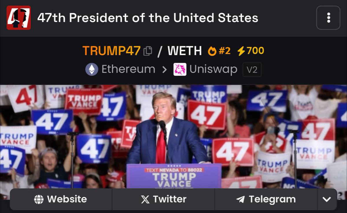 #TRUMP47 Boosted 700x by Community 🔥🔥🇺🇸🇺🇸

Get Rocket there 🚀🚀🚀

Golden Ticker 🥇🥇🥇🥇🥇

dexscreener.com/ethereum/0x888…