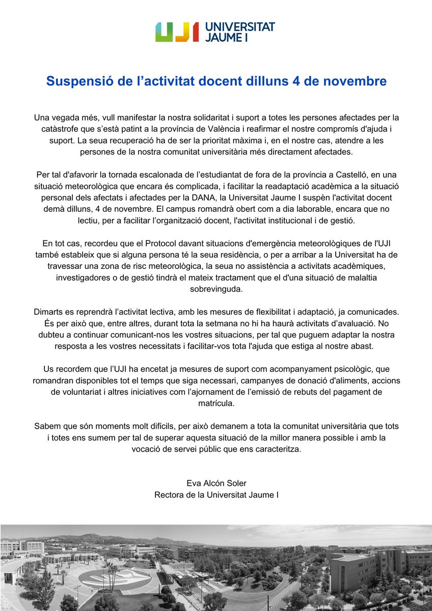 📢 COMUNICAT: Suspensió de l’activitat docent dilluns 4 de novembre 📢