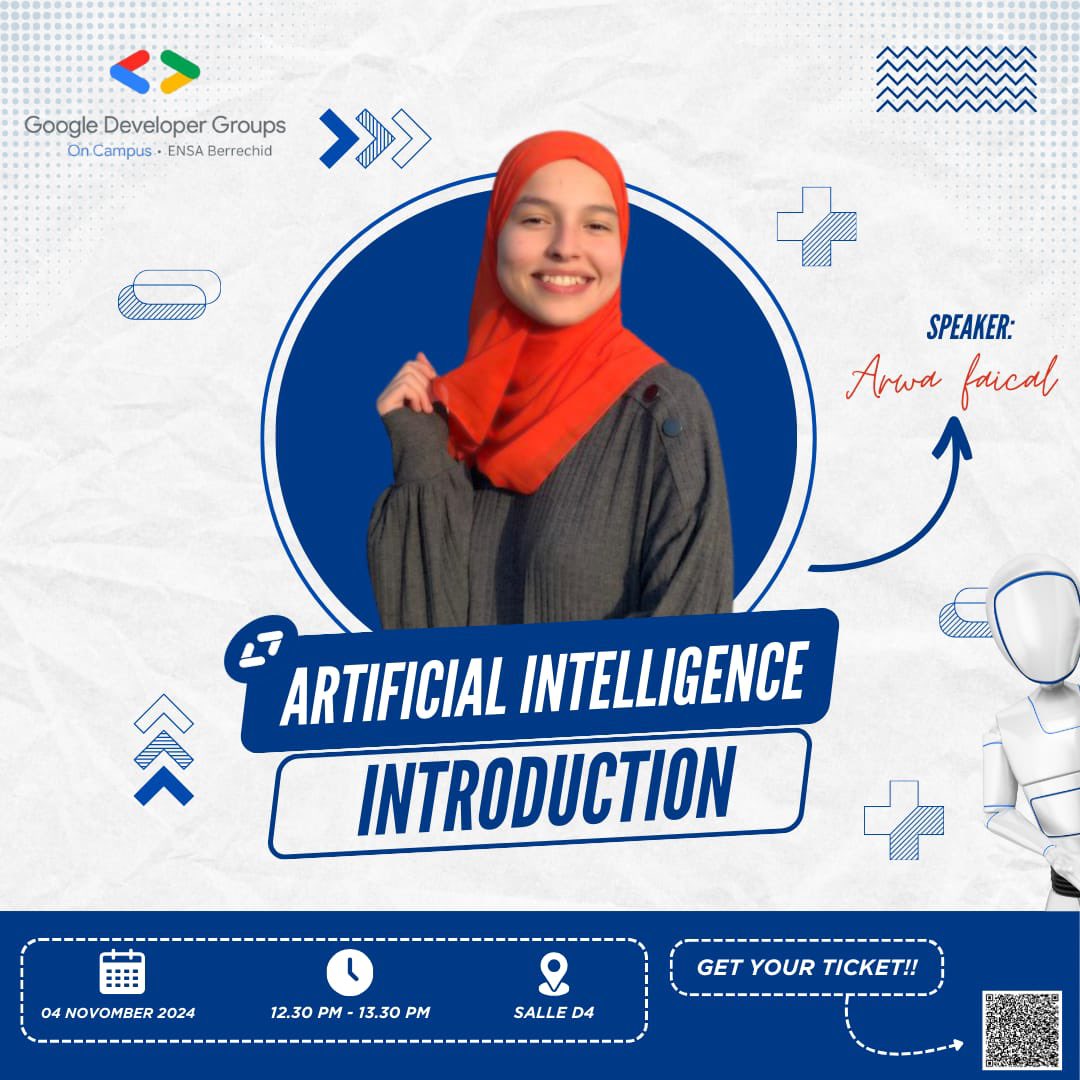 GDSCENSAB's tweet photo. Join us for the highly anticipated workshop titled "*🤖 Introduction to Artificial Intelligence*: Unlocking Key Concepts and Applications 🚀" led by *Arwa Faical*.
We will explore essential AI concepts and their practical benefits through interactive discussions and applications. https://t.co/K21pxf5FnT