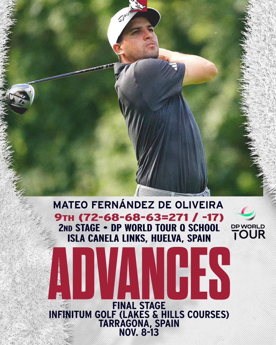 Congrats to Razorback All-Americans Jacob Skov Olesen and <a href="/MateofdeoMateo/">Mateo Fernandez de Oliveira</a> on advancing to <a href="/DPWorldTour/">DP World Tour</a> Q School final stage. 
Both shot a -9 63 in the final round to secure berths. 
Jacob has maintained his amateur status &amp; #ProHog Mateo was on <a href="/PGATOURAmericas/">PGA TOUR Americas</a> last year. 🐗⛳️