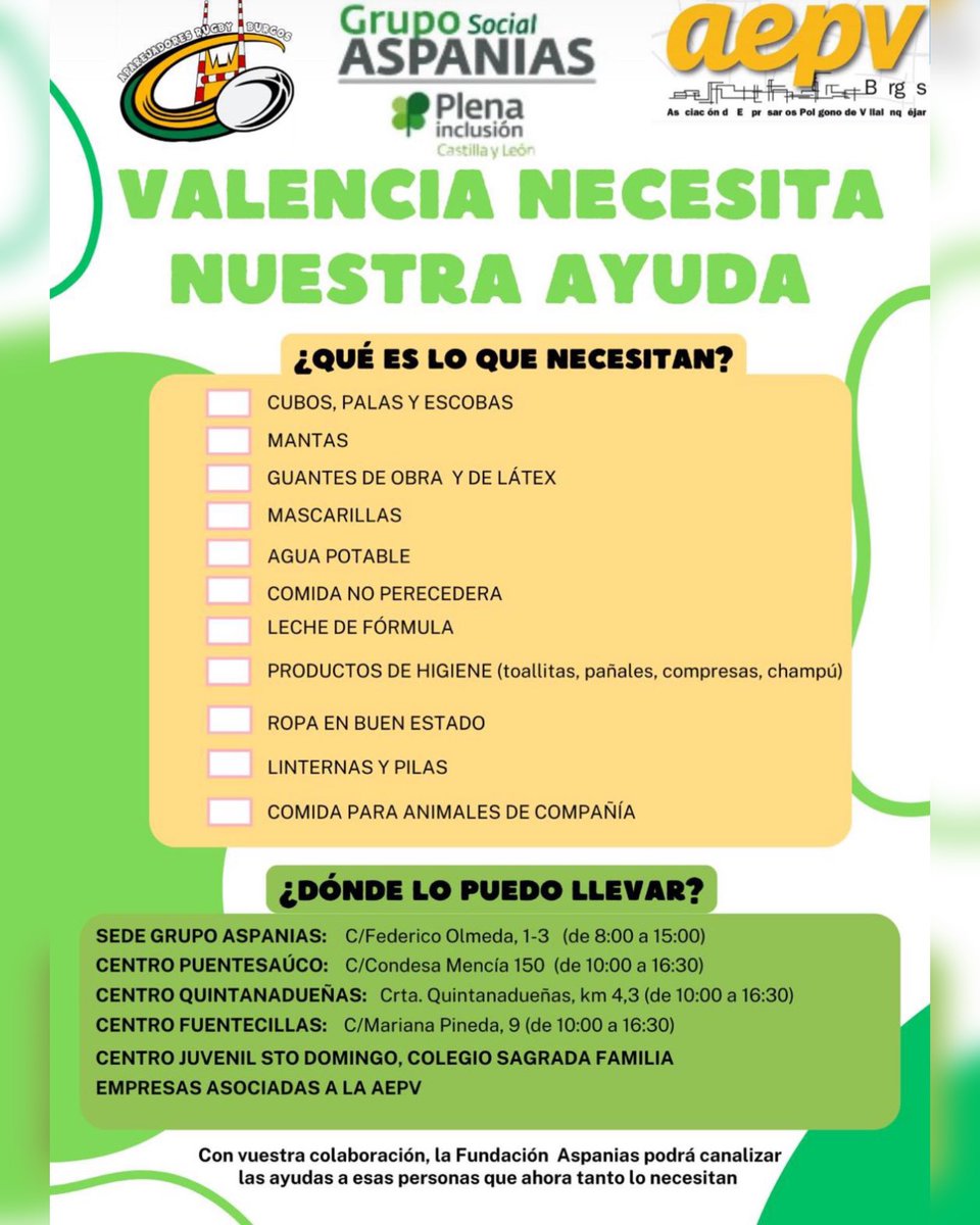 AspaniasBurgos's tweet photo. 🚨 ¡Recordatorio! Únete a la ayuda para Valencia 🚨

Estos son los últimos días para colaborar con productos de primera necesidad para los afectados por las inundaciones en Valencia. 🙏

📅 Hasta el miércoles de 10:00 a 16:30 https://t.co/p4AfWJnDsn