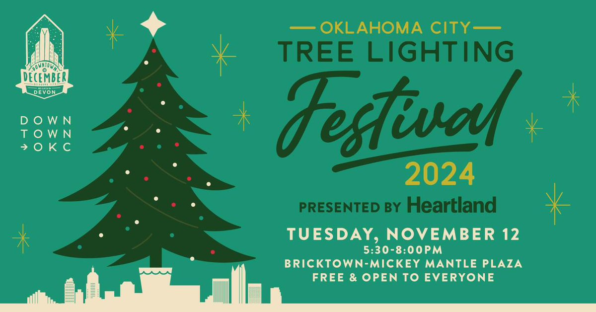Just announced: The 23rd Annual Oklahoma City Tree Lighting Festival presented by Heartland. Tuesday November 12th 5:30 PM -8:00 PM at the Mickey Mantle Plaza at Chickasaw Bricktown Ballpark.