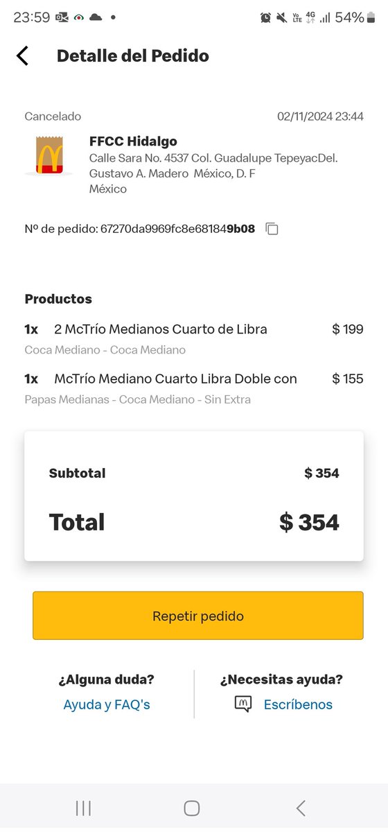 LuizzaroLui's tweet photo. @McDonaldsMexico Necesito la devolución de mi pedido cancelado el día 2 de noviembre mediante la su cochina app, cuando me lo devuelven? Y lo pregunto porque aunque diga que de forma auto se regresa, me percato que no lo hacen y hay varios post con el mismo problema 
Ayuda @Profeco https://t.co/iRi5cDEREG