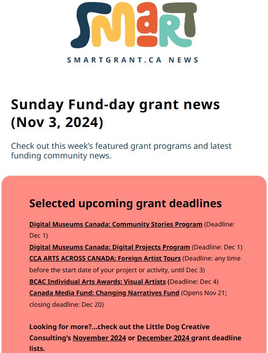 SmartGrantCa's tweet photo. Happy Sunday. Our weekly grant update newsletter is out and includes some featured upcoming deadlines plus our new Little Dog Creative December grant deadline list. https://t.co/mLNDcxlrJu
Get our weekly newsletters straight to your inbox by signing up at https://t.co/oZRnodzYmB https://t.co/rTXqWbInc7