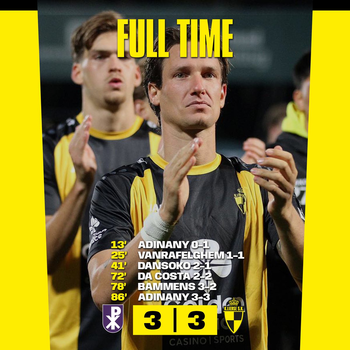K_Lierse_SK's tweet photo. EINDE WEDSTRIJD | 3-3 | Een strijdvaardig Lierse, dat heel wat basisspelers miste, behaalt een meer dan verdiend punt op bezoek bij Patro!
In de tweede helft scoorden Da Costa en Adinany de geel-zwarte goals. #PATLIE https://t.co/VM62DRZzEI