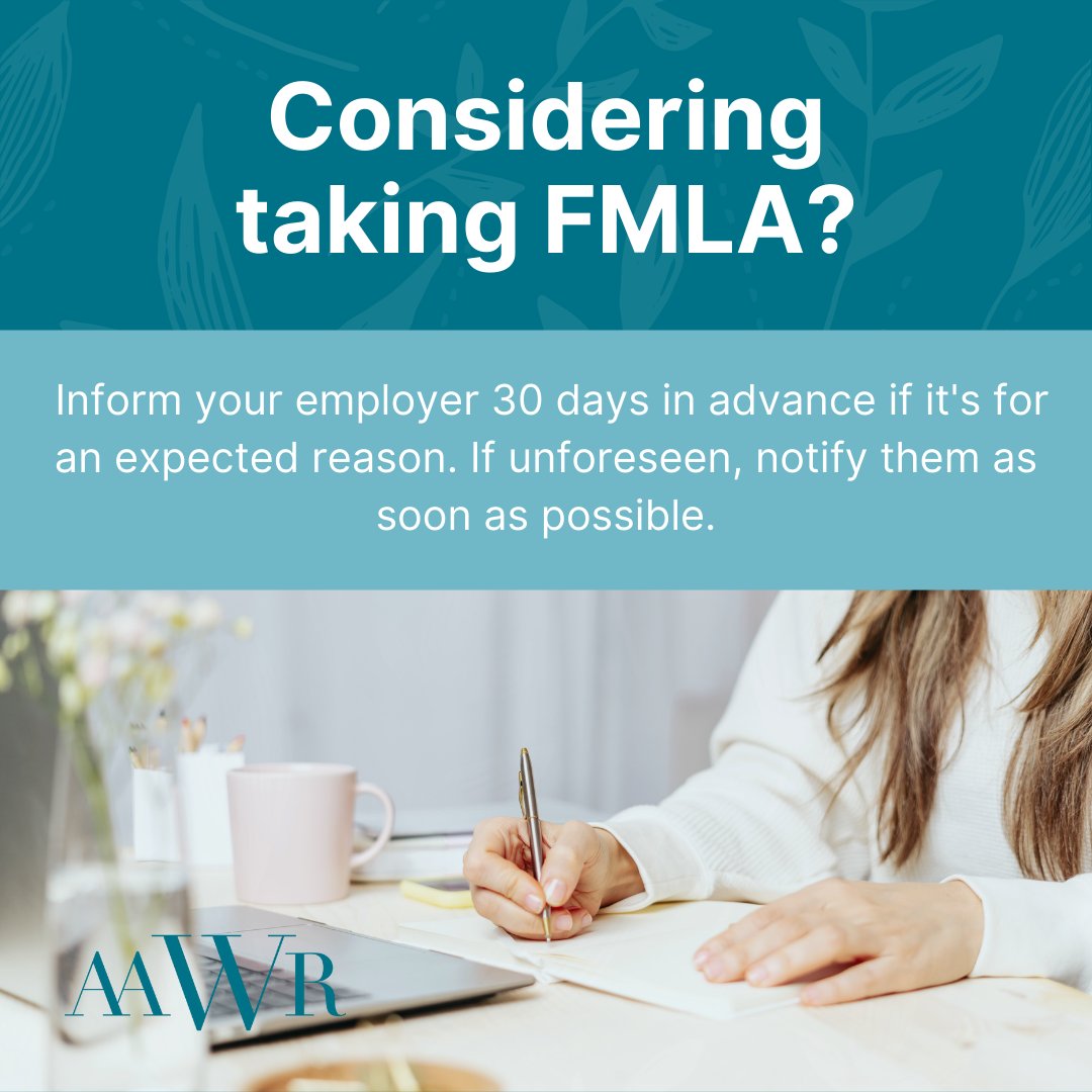 Considering taking FMLA? Inform your employer 30 days in advance if it's for an expected reason. If unforeseen, notify them as soon as possible. Check out #PFMLFAQs at
aawr.org/Paid-Family/Me…