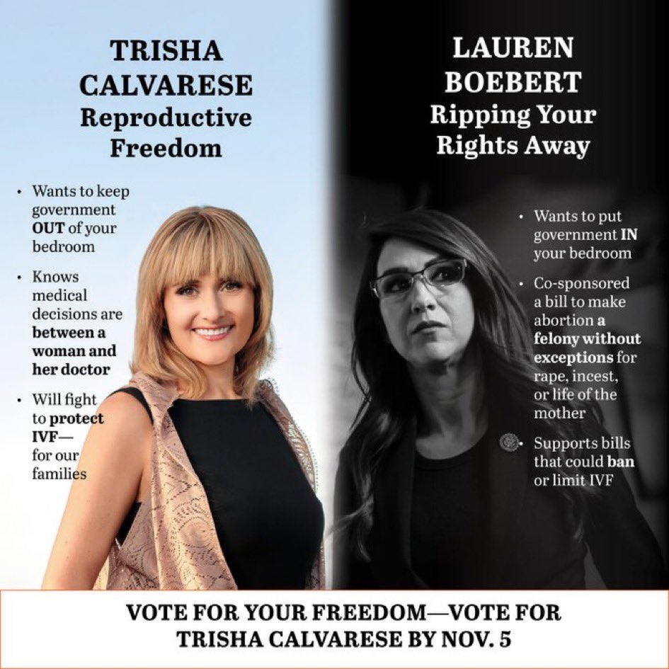 #DemVoice1 #DemsUnited #wtpBLUE #wtpGOTV24 

As <a href="/trisha4colorado/">Trisha Calvarese for Colorado</a> says, politicians shouldn’t be involved in our medical and personal decisions. Boebert wants a national abortion ban. 

Colorado - Early voting is opened tomorrow.  Make a plan and go vote.  IWillVote.com