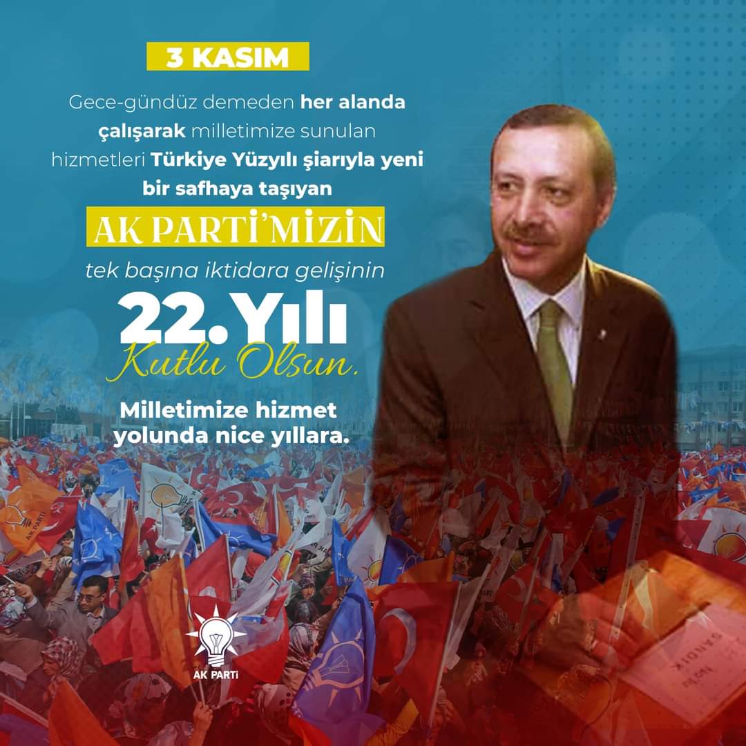 Gece-gündüz demeden her alanda çalışarak milletimize sunulan hizmetleri Türkiye Yüzyılı şiarıyla yeni bir safhaya taşıyan AK Parti'mizin tek başına iktidara gelişinin 22. yılı kutlu olsun. Milletimize hizmet yolunda nice yıllara.