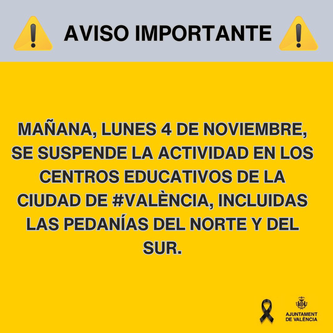 ⚠️Tras las restricciones de movilidad decretadas por la <a href="/generalitat/">Generalitat</a> y para facilitar los trabajos de los servicios de emergencia, se extiende la suspensión de clases a TODA la ciudad de #València.