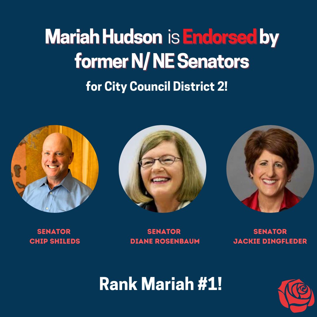Proud to have the support of our N/NE legislators! They know Mariah Hudson has experience, vision and record holding government accountable to get things done on the new council.
Thank you <a href="/RepTawnaSanchez/">Tawna Sanchez</a> @shannonjonesisadore <a href="/IamTravisNelson/">Rep. Travis E. Nelson 🩺</a> <a href="/LewFrederick/">LewFrederick</a> @Sendiane