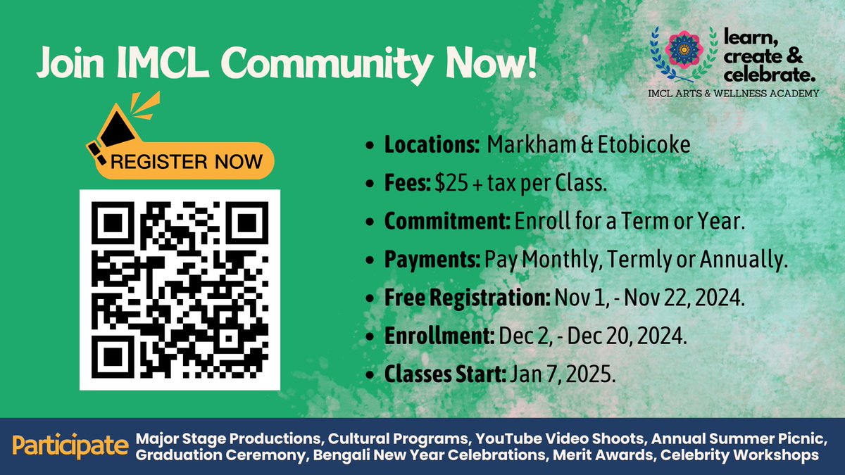 imcreativelab's tweet photo. 🎉 IMCL Arts &amp; Wellness Academy is now open! Register for programs in Dance, Song, Art, Guitar, Keyboard, Yoga &amp; Personal Development in Markham &amp; Etobicoke. 🎨🎶
📲 Scan the barcode &amp; register now—seats are limited! Join us in the journey of Art and Heart! ❤️
#IMCLAcademy https://t.co/UErLD9GNmo