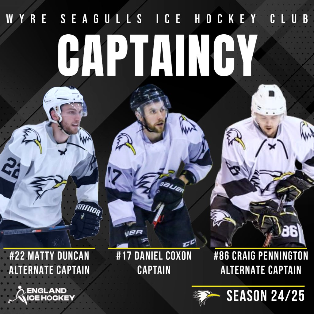 🔥 𝗪𝘆𝗿𝗲 𝗦𝗲𝗮𝗴𝘂𝗹𝗹𝘀 𝗖𝗮𝗽𝘁𝗮𝗶𝗻𝗰𝘆 🔥

With the season opener fast approaching, here’s your new captaincy for 24/25! 🤝

𝗖𝗮𝗽𝘁𝗮𝗶𝗻 - #17 Daniel Coxon
𝗔𝗹𝘁𝗲𝗿𝗻𝗮𝘁𝗲 𝗖𝗮𝗽𝘁𝗮𝗶𝗻 - #22 Matty Duncan
𝗔𝗹𝘁𝗲𝗿𝗻𝗮𝘁𝗲 𝗖𝗮𝗽𝘁𝗮𝗶𝗻 - #86 Craig Pennington