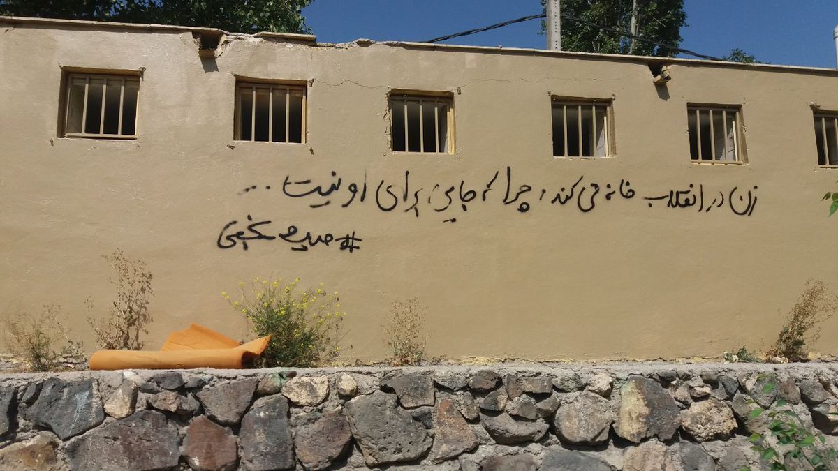 On a wall in Iran 
"Revolution is a woman's home. Because she has no other place to stay"
