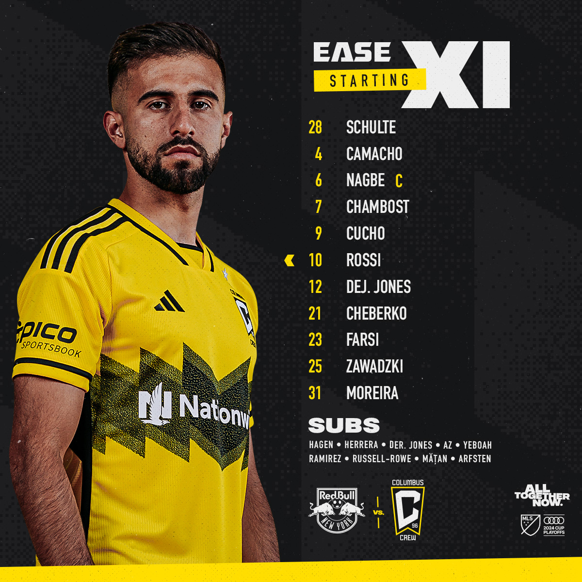 Starting XI: Schulte, Camacho, Nagbe (C), Chambost, Cucho, Rossi, DeJ. Jones, Cheberko, Farsi, Zawadzki, Moreira. Subs: Hagen, Herrera, Der. Jones, AZ, Yeboah, Ramirez, Russell-Rowe, Matan, Arfsten