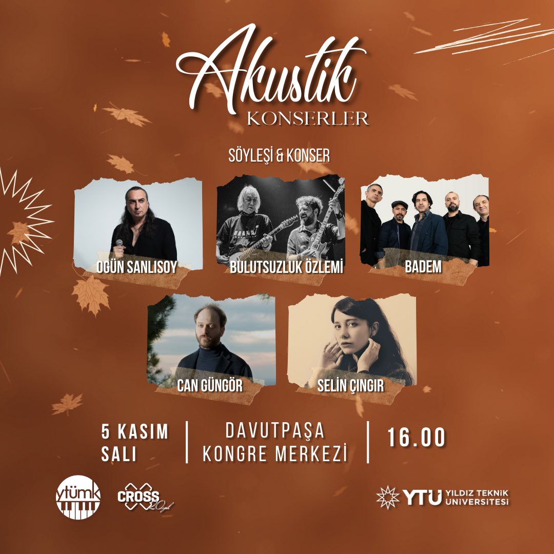ytumk's tweet photo. Akustik Konserler sezonu açıldı! Hem söyleşi hem de konser keyfini bir arada yaşayın. Ogün Sanlısoy, Bulutsuzluk Özlemi, Badem, Can Güngör ve Selin Çıngır sahne alacak! 5 Kasım Salı günü saat 16.00’da Davutpaşa Kongre Merkezi’nde buluşalım🤍✨ https://t.co/y4UTDZOyya