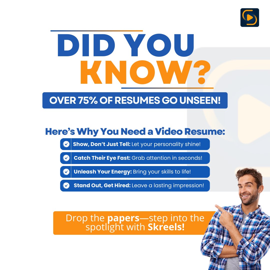 Skreelsai's tweet photo. Paper Resumes are old news📰 switch to Video Resumes to stand out from the crowd 👥
.
Try out Skreels today 📢
.
.
.
.
.
.
#Skreels #VideoResume #careerdevelopment #softskilldevelopment #softskills #ai https://t.co/uoYZeaJ4Ix