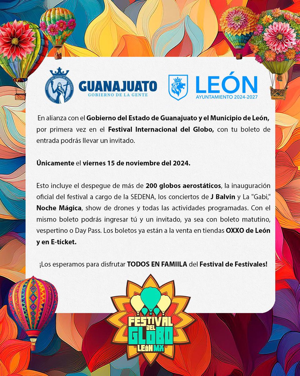 🚨🚨¡Todos en Familia! El Viernes 15 de noviembre, con tu boleto de entrada podrás llevar un invitado al <a href="/figleon/">Festival Internacional del Globo León, Mx.</a> ¡TODO EL DÍA! Esto incluye: El despegue de +200 globos aerostáticos, noche mágica, el concierto de <a href="/jbalvin/">J BALVIN</a> y todas las actividades del día. 

Corre por tus boletos