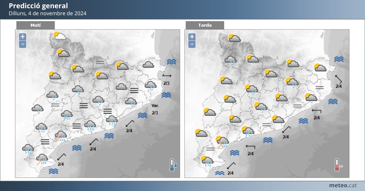 meteocat's tweet photo. #PrediccióDemà

➡Xàfecs localment forts a punts de la meitat sud.
➡A les Terres de l'Ebre i Camp de Tarragona, podrien ser d'intensitat torrencial (> 40 mm en 30 minuts) i acumular més de 100 mm en 24 h.

Podeu trobar tota la predicció a👇
https://t.co/dvBoqBQUyJ https://t.co/GnvDjKm5id