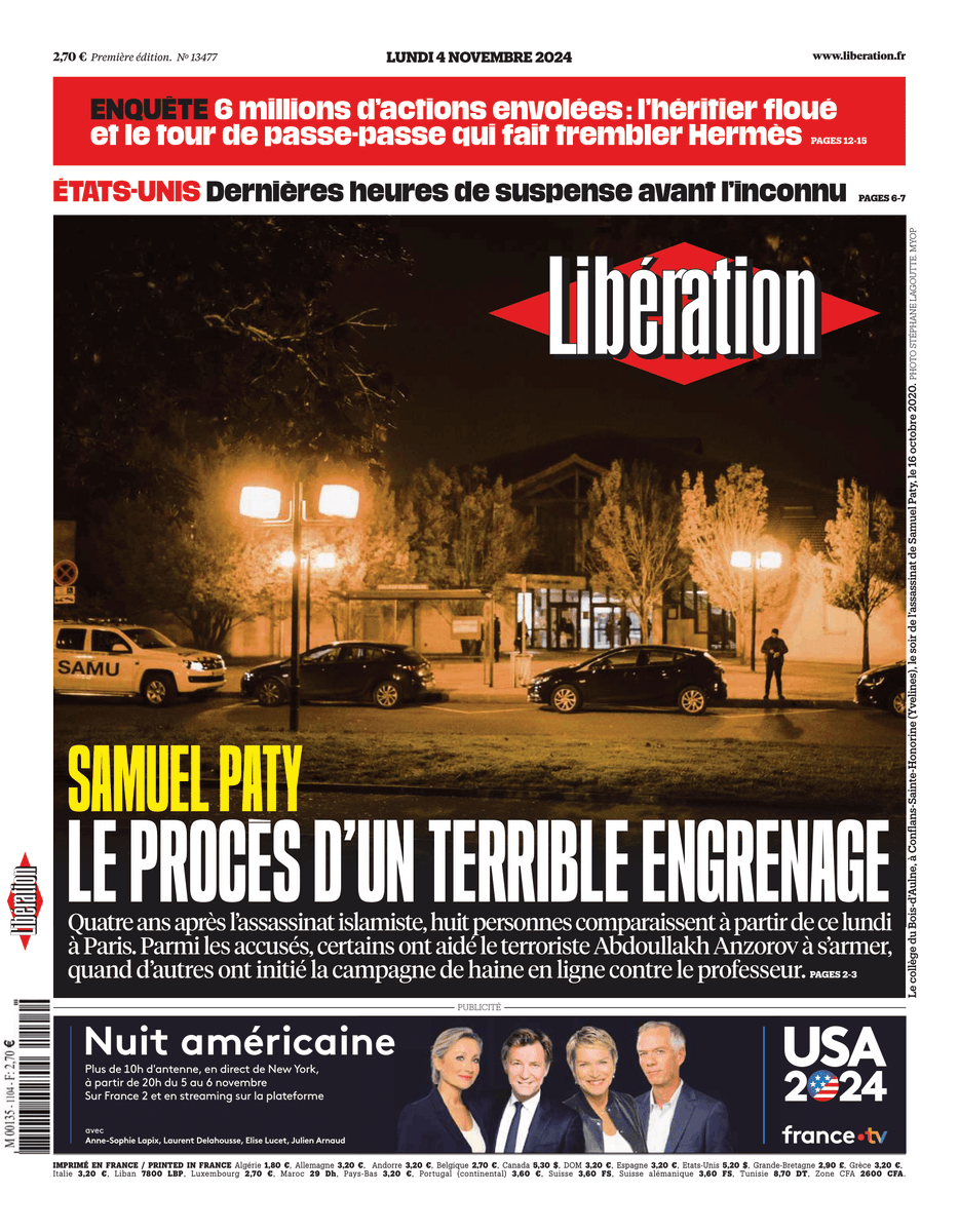 libe's tweet photo. Samuel Paty : le procès d'un terrible engrenage. C'est la une de @Libe lundi. 

Quatre ans après l’assassinat islamiste, huit personnes comparaissent à Paris. Parmi les accusés, certains ont aidé ­le terroriste à s’armer, quand d’autres ont initié la campagne de haine en ligne. https://t.co/d4ZbA7W4ba