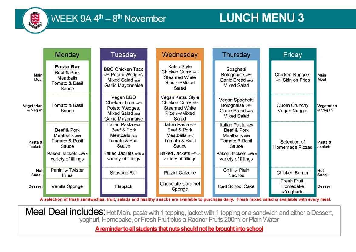 Lunch menu <a href="/PenistoneGS/">Penistone Grammar School</a> for week commencing Monday 4th November 😋