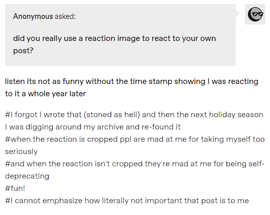 coolgoblinzone's tweet photo. see also: the lost context of reaction image being added a year later. just feels like someone had a laugh to themselves about a post they didn't remember writing. everyone coming up with an alternate explanation for its existence sounds dumber than what they're mocking https://t.co/4sutzDoA0r