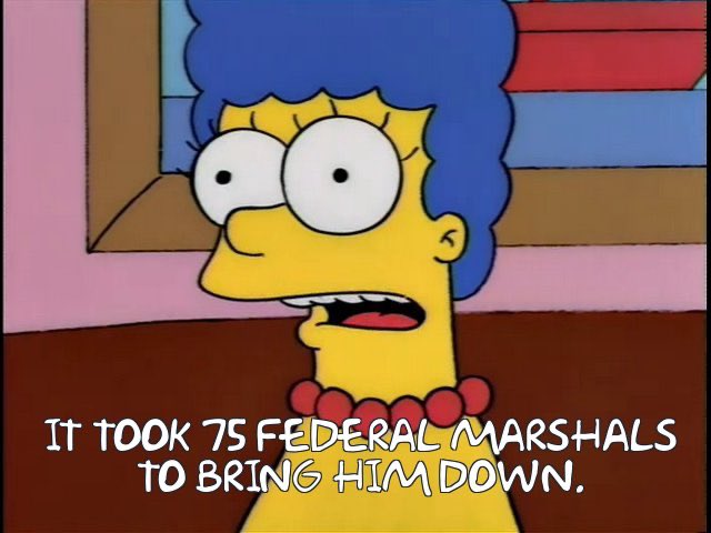 lukeisamazing's tweet photo. I think my favorite example of this is Marge trying and failing to comfort Bart before inadvertently going off on an amazing tangent about Bart’s otherwise unmentioned uncle, Arthur, who got into a shootout with the feds, killing dozens before being gunned down https://t.co/2l4xjdCGJI