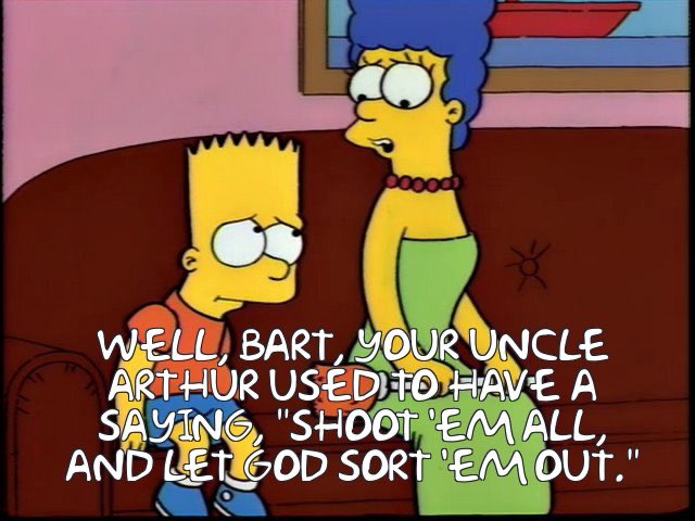 lukeisamazing's tweet photo. I think my favorite example of this is Marge trying and failing to comfort Bart before inadvertently going off on an amazing tangent about Bart’s otherwise unmentioned uncle, Arthur, who got into a shootout with the feds, killing dozens before being gunned down https://t.co/2l4xjdCGJI