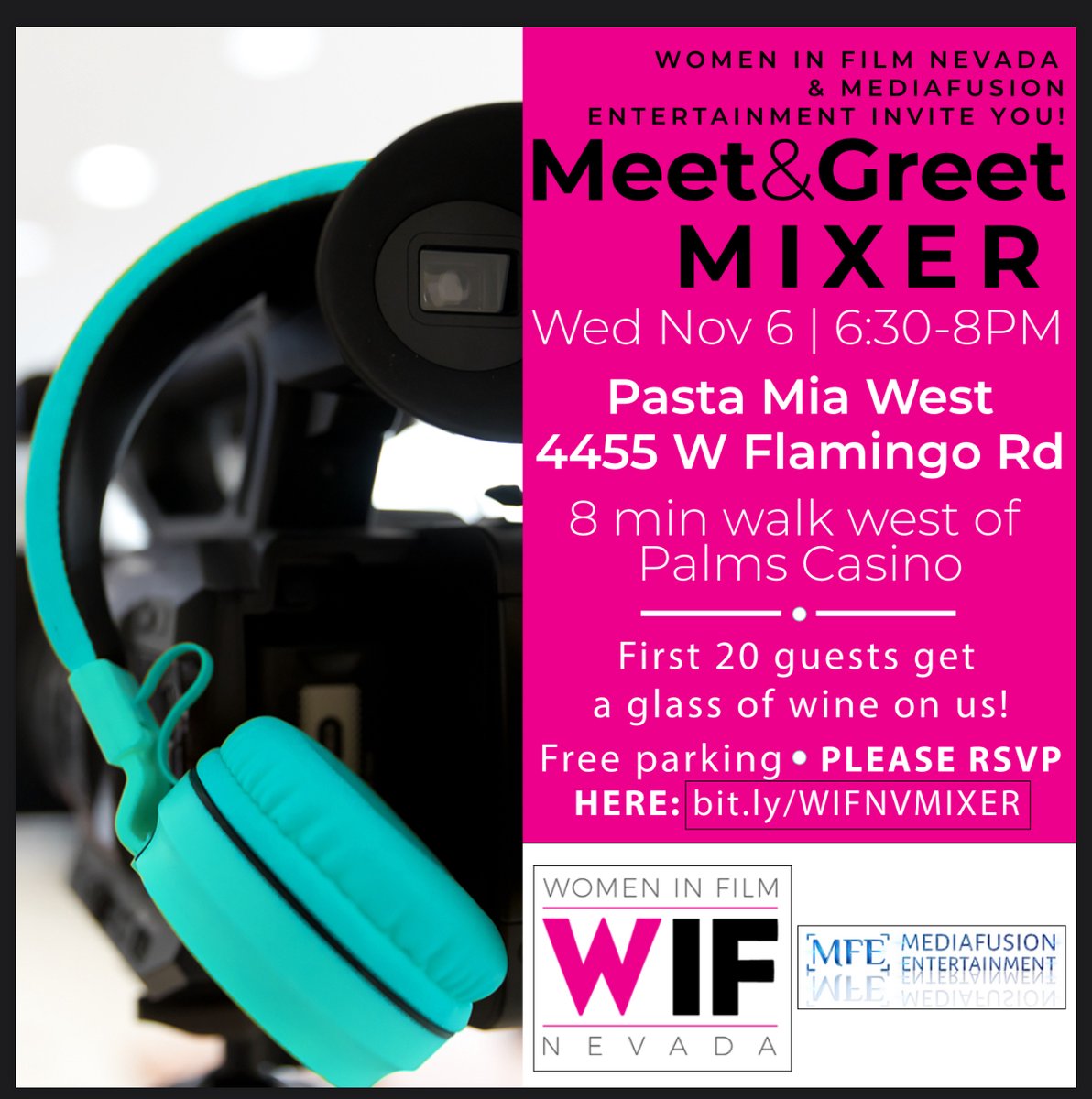 Women In Film-Nevada &amp; MediaFusion Entertainment invite you to our Meet &amp; Greet Mixer after the @americanfilmmarket on Wednesday. 💕

November 6th 6:30-8:00 pm
Pasta Mia West 4455 W Flamingo Road

First 20 guests get a glass of wine on us. 🍷

Hope to see you there.🫶🏼