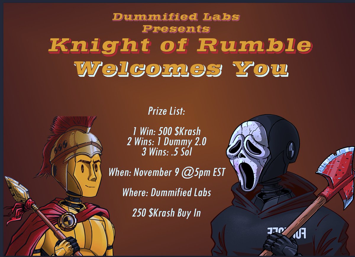 We’re kicking off our 2nd Rumble Event!! 
November 9th, rumble in our server for a chance to win 0.5 $sol 💸💸
Entry fee is 250 $krash which you can grab through our various promotions we are running! 
Join our server and don’t miss out 🦾
<a href="/solana/">Solana</a> <a href="/MagicEden/">Magic Eden 🪄</a> #NFT #NFTCommunity