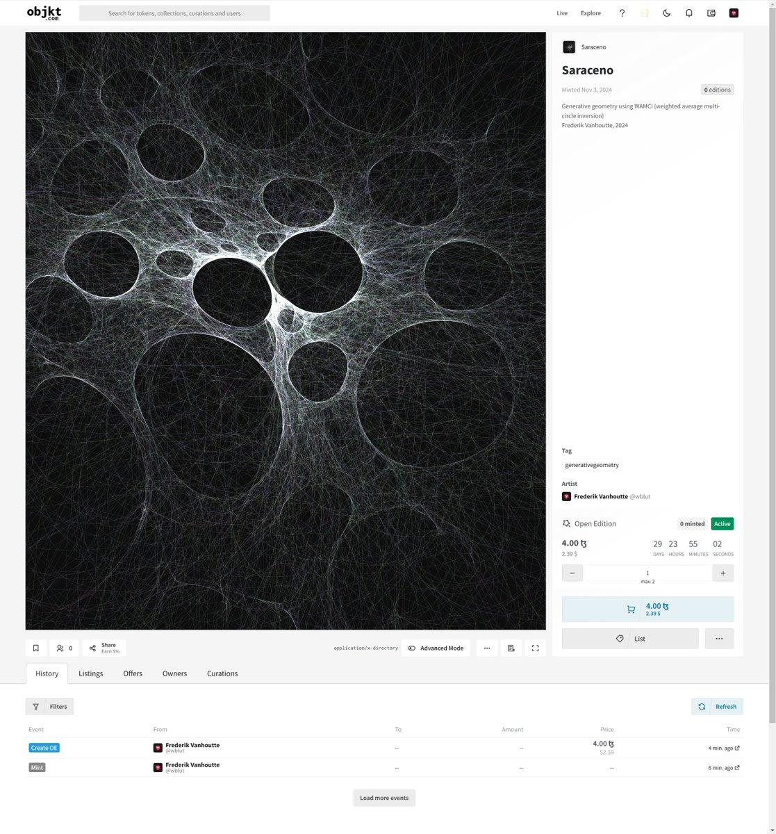 wblut's tweet image. Saraceno on @objktcom, browser live version

objkt.com/tokens/KT1E8g8…

Best seen on desktop, fullscreen. Reload for a new random iteration

#GenerativeGeometry