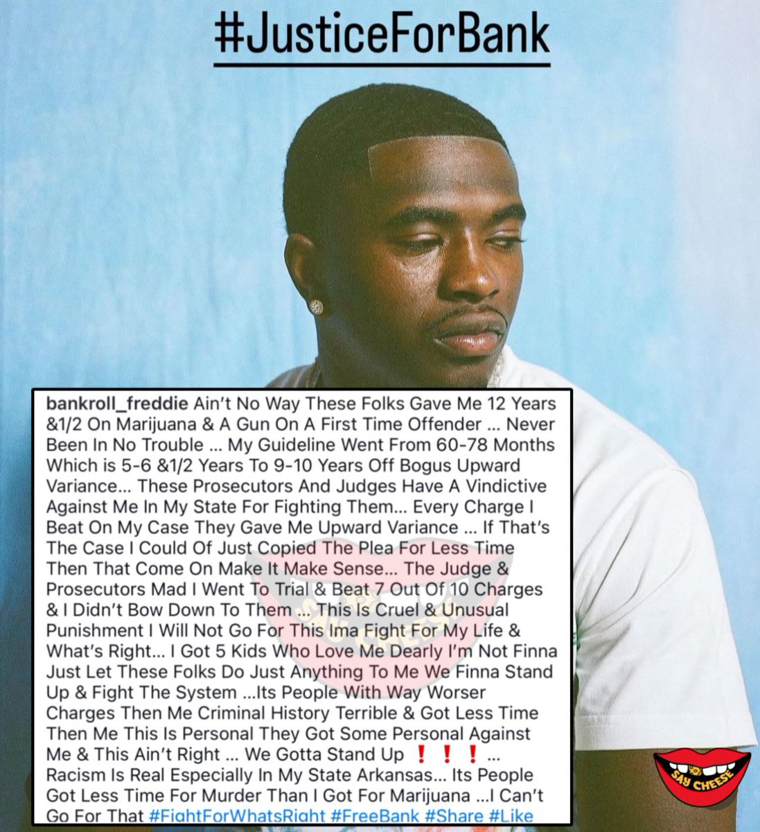 SaycheeseDGTL's tweet photo. Bankroll Freddie speaks out after being sentenced to 12.5 years in federal prison: “The judge &amp; prosecutors mad I went to trial &amp; beat 7 out of 10 charges” https://t.co/tj8PSsMlpI