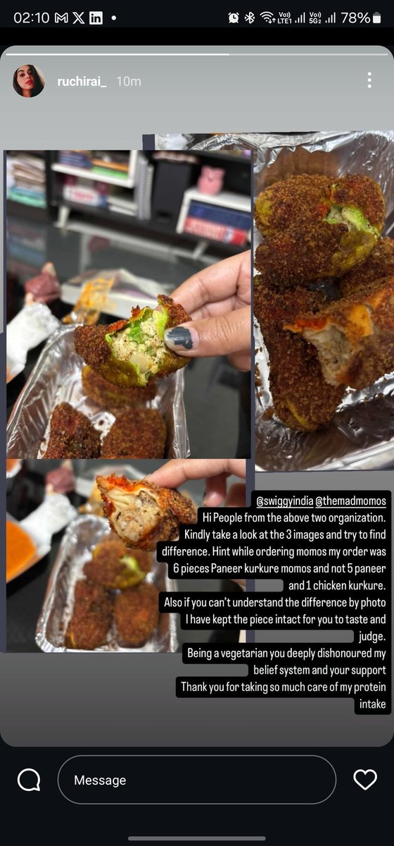 ymous337's tweet photo. (1/2) @Swiggy @SwiggyCares
Extremely disappointed! Ordered 6 Paneer Kurkure momos, received 5 paneer &amp; 1 chicken. As a vegetarian, this is a serious breach of trust and dietary boundaries. Such adulteration shows blatant disregard for customer beliefs and dietary needs. https://t.co/Uk99nctYQG