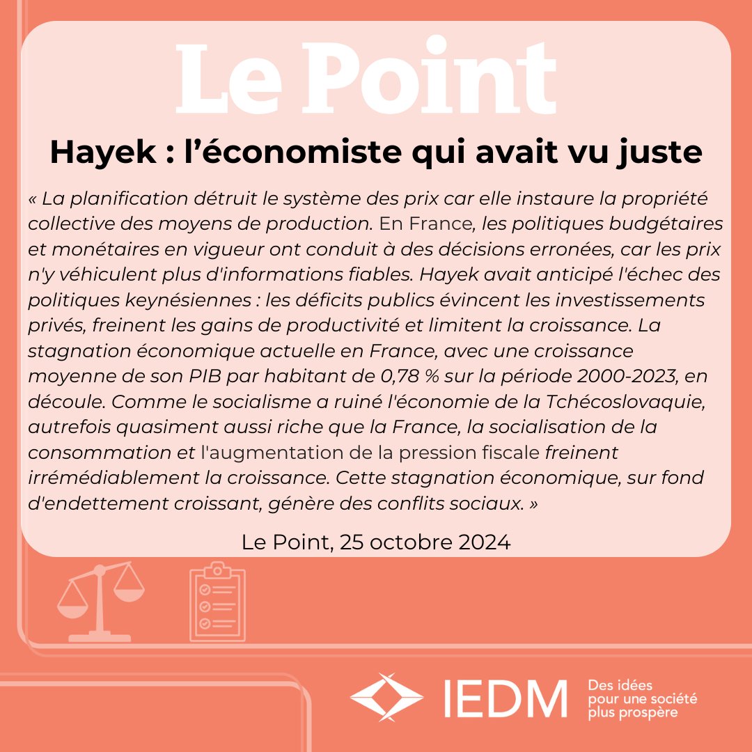 iedm_montreal's tweet photo. Hayek l’avait dit : la planification centralisée échoue sans liberté des prix. Kevin Brookes, chercheur associé à l’IEDM, rappelle que seul un marché libre permet de répondre aux vrais besoins de la société. #polqc #polcan #polfr https://t.co/1sYAL2JWpL