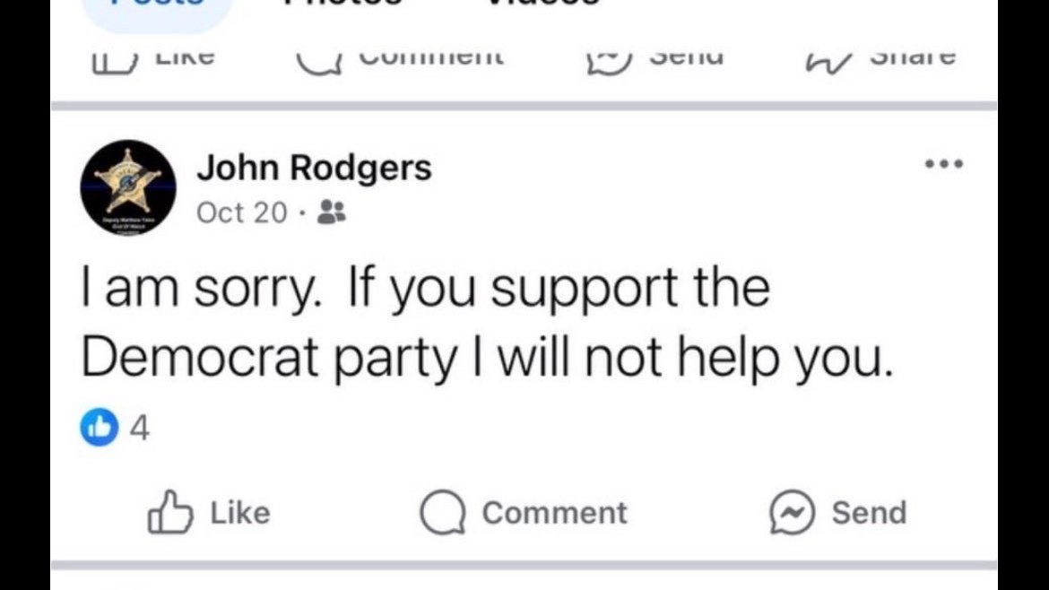 Clark County Springfield, Ohio Sheriff's Lieutenant John Rodgers won't help you if you don't vote his way. Sounds like a threat.
