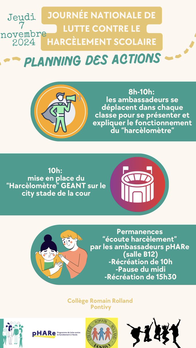 Collège Romain Rolland (@clg_rrolland) on Twitter photo 🗓️ Jeudi 0️⃣7️⃣ novembre, c’est la journée nationale de lutte contre le #harcèlement‼️
Nos élèves ambassadeurs seront mobilisés pour présenter à l’ensemble des élèves du <a href="/CLG_RRolland/">Collège Romain Rolland</a> le « harcèlomètre » géant qui sera installé sur la cour.
<a href="/acrennes/">Académie de Rennes</a> <a href="/OlivierMagoarou/">LE MAGOAROU</a> 🗓️ Jeudi 0️⃣7️⃣ novembre, c’est la journée nationale de lutte contre le #harcèlement‼️
Nos élèves ambassadeurs seront mobilisés pour présenter à l’ensemble des élèves du <a href="/CLG_RRolland/">Collège Romain Rolland</a> le « harcèlomètre » géant qui sera installé sur la cour.
<a href="/acrennes/">Académie de Rennes</a> <a href="/OlivierMagoarou/">LE MAGOAROU</a>
