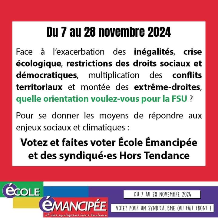 MinaElAzzouzi's tweet photo. ⏱️🗳️Vote interne FSU J-4: pourquoi voter et faire voter École Émancipée et Hors Tendance ? 👉 Pour se donner les moyens de répondre aux enjeux sociaux et climatiques ✊🌏
https://t.co/niKicaTha7
 #VoteInterneFsu #EcoleEmancipeeEtDesSyndiqueesHorsTendance
 #TransformationSociale https://t.co/5bUw0jO3ki