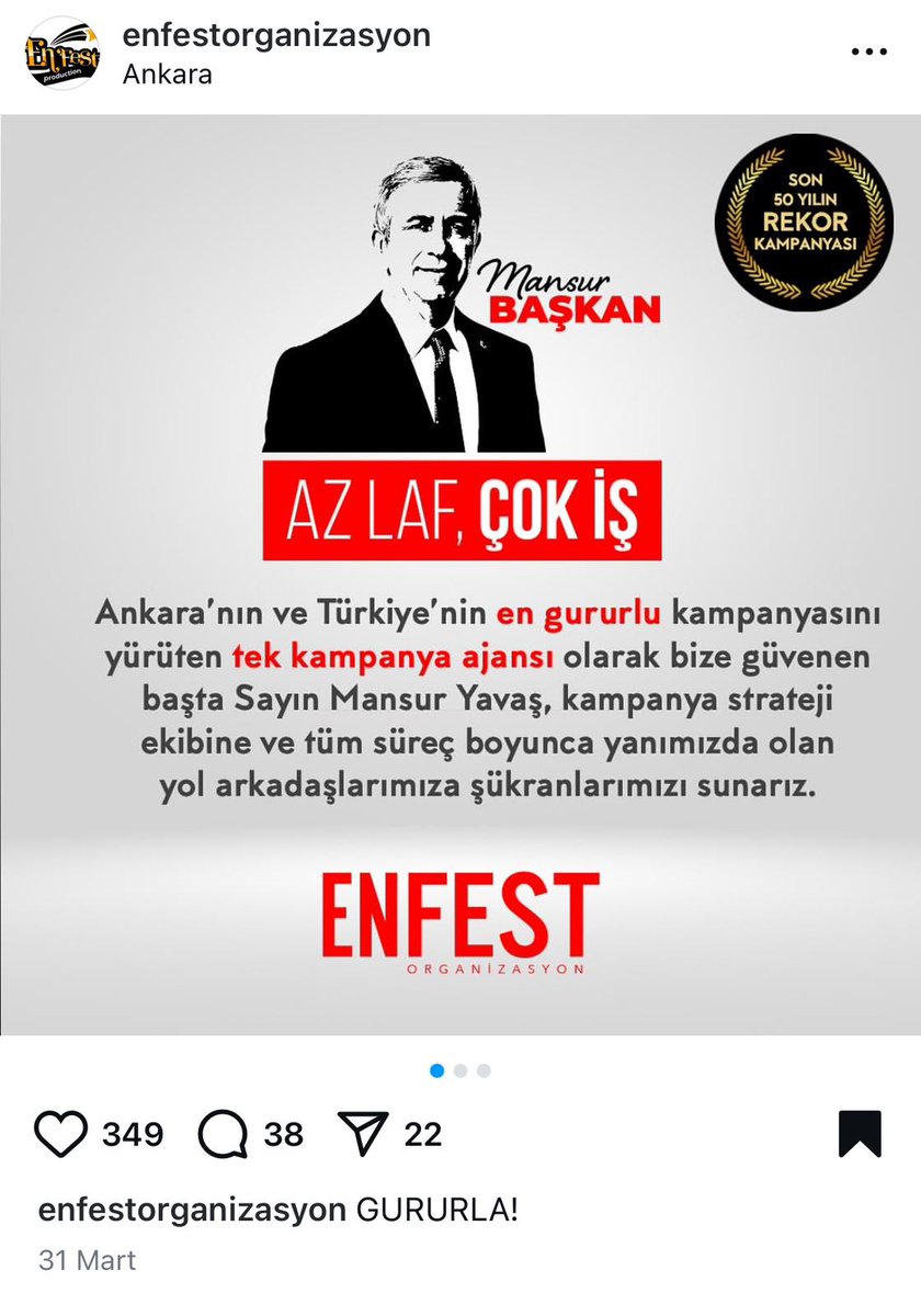 CHP'li Ankara Büyükşehir Belediyesi'nin 69 milyon liralık Ebru Gündeş konserini organize eden ENFEST Organizasyon, aynı zamanda Mansur Yavaş'ın seçim kampanyasını yürüten ajansmış. (Ben bu paylaşımı hazırlarken sağ alttaki görseli sildi bu şirket) Ajansın Mansur Yavaş'ın
