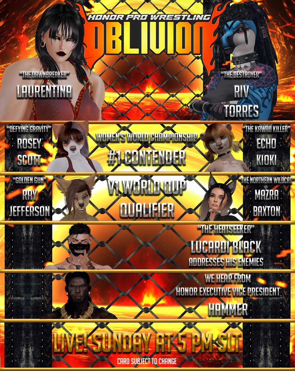 WE GO LIVE IN ONE HOUR!

That's right, three mega match ups and an all star line up of wrestlers are ready to take center stage! All that's missing is you! Pre-show starts in 45 minutes!

See you there for SUNDAY NIGHT OBLIVION!

#SecondLife LM: 
maps.secondlife.com/secondlife/Ser…