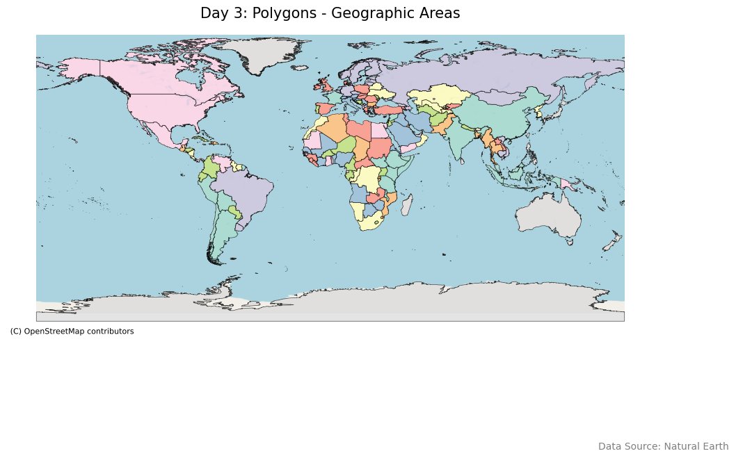 C4708911Charles's tweet image. 🗺️ Day 3 of the #30DayMapChallenge: Focused on polygons! I visualized various geographic areas, showcasing different countries with vibrant colors.  Excited to see where this challenge takes me! 🌳🏙️✨