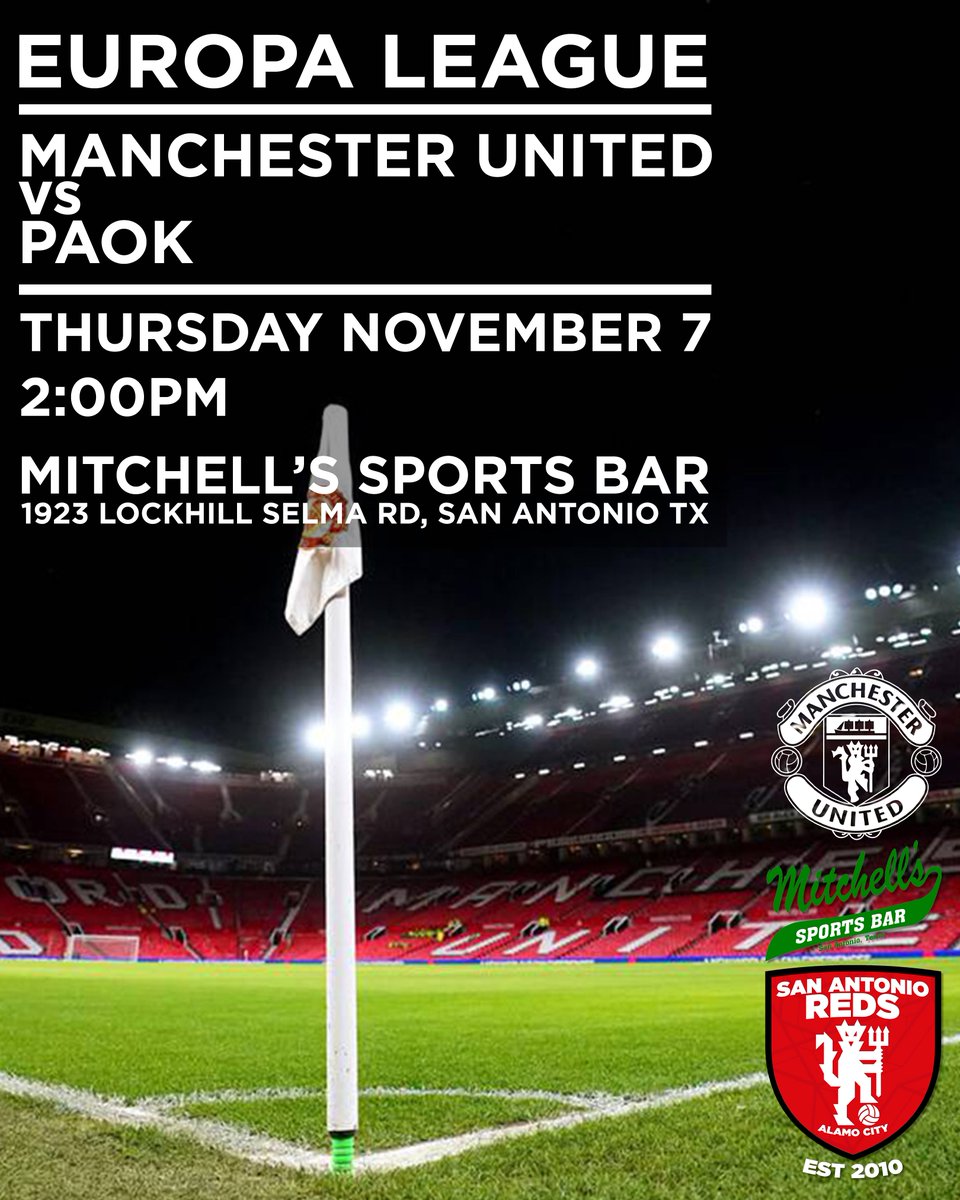 Come join the #SanAntonioReds on Thursday at #MitchellsSportsBar in #SanAntonio #Texas for the <a href="/ManUtd/">Manchester United</a> match against <a href="/PAOK_FC/">PAOK FC</a> in the #EuropaLeague.  Kickoff at 2PM 🍻🇾🇪

Event in bio

#MUFC #SanAntonioReds #SAReds #UTFR