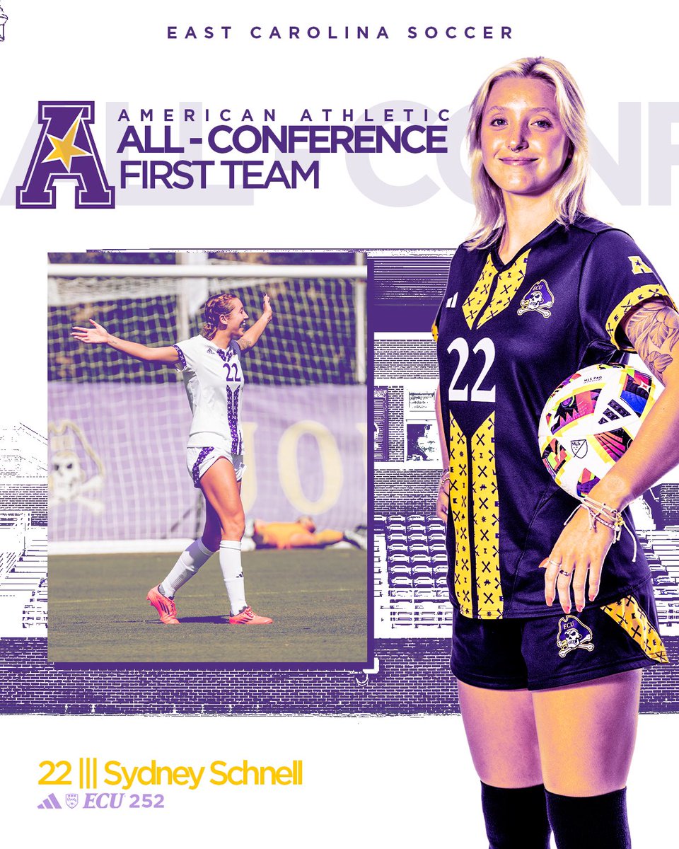 ECUSoc's tweet photo. Someone get her crown!👑 

@sydney22schnell Earns her spot on the AAC All-Conference First Team!🏴‍☠️

#GoPirates https://t.co/XGAIlPIplQ