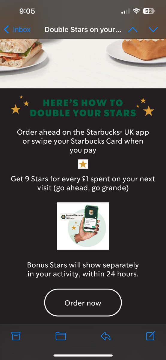 hannahsinfield's tweet photo. @StarbucksUK hey, I had an email to say I would get double points on my next purchase stating 9 stars for every £1 but I’ve only received 6 points - which is actually double. Bit misleading that you’re advertising the wrong information? https://t.co/v0jNkiBvUj