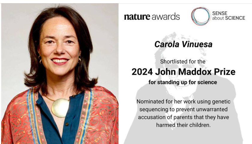 DebbieKennett's tweet photo. Pleased to see that @carovinuesa has been included in the shortlist for the 2024 John Maddox prize "for her work using genetic sequencing to prevent unwarranted accusations of parents that they have harmed their children". https://t.co/RftRGjdbgr
