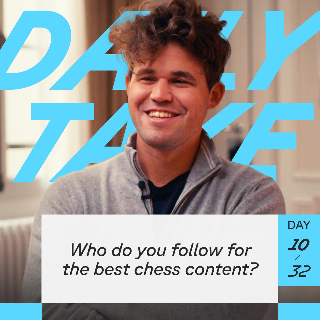 TakeTakeTakeApp's tweet photo. Who does Magnus follow for the best chess content? #DailyTake
a. Agadmator, Botez, Firouzja
b. GothamChess, Hikaru, ChessBrahs
c. Botez, Hikaru, GothamChess https://t.co/9hP9QlRsfL