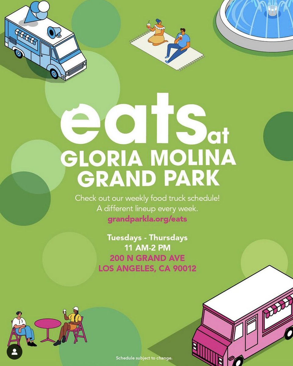 This beautiful Fall weather makes it a perfect time to enjoy lunch in the park. EATS at Gloria Molina Grand Park runs Tuesdays, Wednesdays and Thursdays 11 a.m – 2 p.m at Gloria Molina Grand Park’s Olive Court between Grand Ave &amp; Hill St.