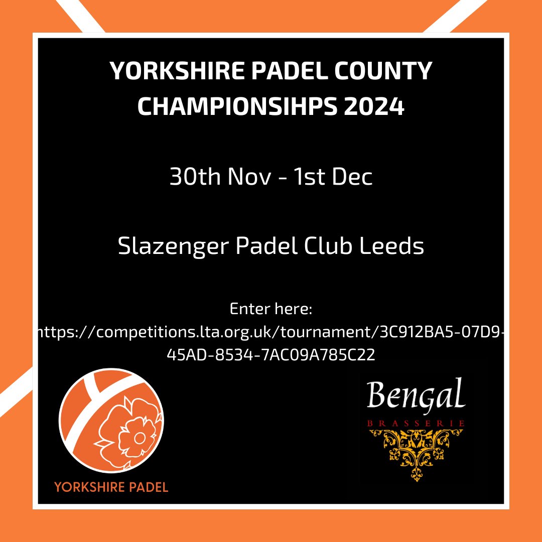 Yorkshire Padel County Championships 2024 - 30th Nov to 1st Dec. Venue, Slazenger Padel Club Leeds. Enter now: competitions.lta.org.uk/tournament/3C9… #yorkshirepadel #yorkshire #tennis