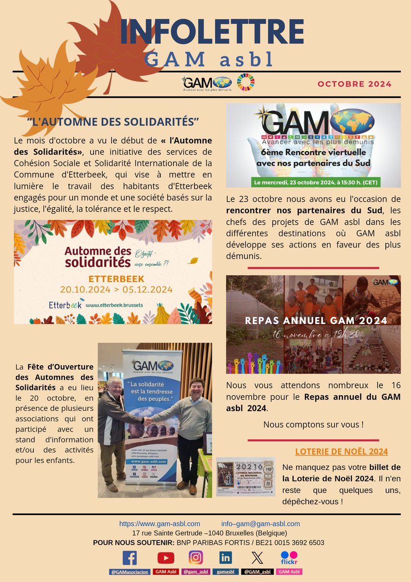 GAM_asbl's tweet photo. Infolettre GAM asbl OCTOBRE 2024

#GAMasbl #infolettregamoctobre2024 #octobre2024 #infolettreGAMasbl #automnedessolidarités2024 #communeetterbeek #repasannuelGAM2024 #16novembre2024 #LoteríaNavidad2024 #20216 #rencontrepartenairesdusud https://t.co/8oh3YCzSOP