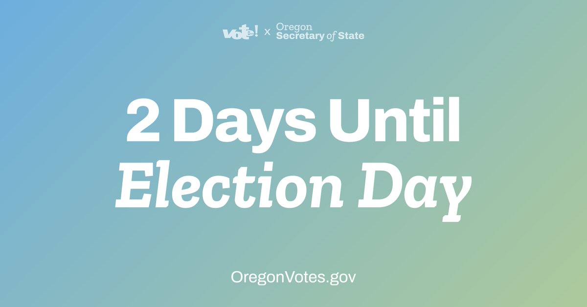 You have ✨TWO DAYS✨ to turn in your ballot.

Turn in your ballot by 8pm on November 5th. Your options are:
✅ Mail it. Make sure your ballot is collected by USPS and postmarked by Election Day. youtu.be/JHxLtVh1Yfo
✅ Use an official drop site. OregonVotes.gov/dropbox