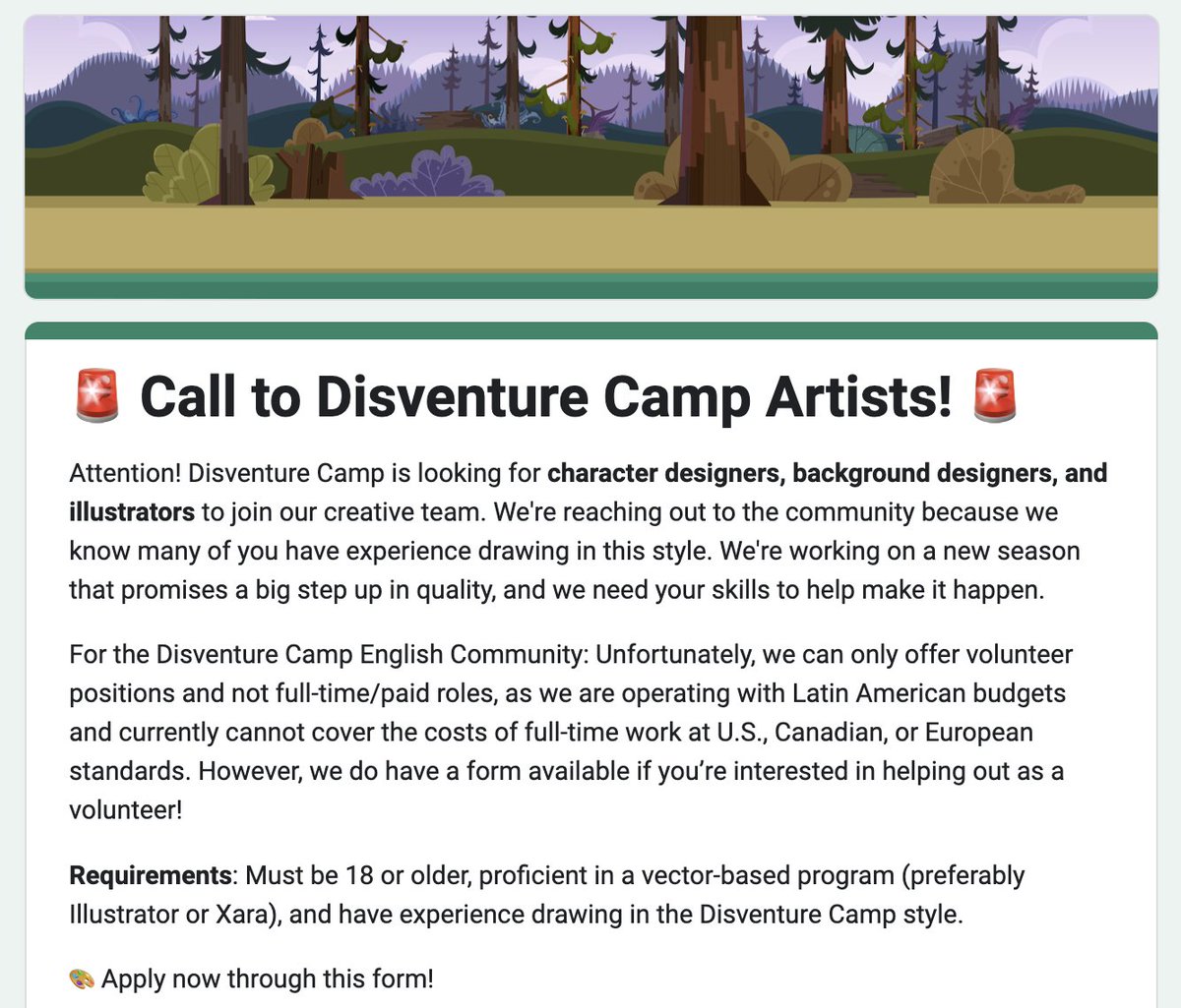Jared_Madrigal_'s tweet photo. 📢 For the #DisventureCamp English Community: Unfortunately, we can only offer volunteer positions and not full-time/paid roles, as we are operating with Latin American budgets and currently cannot cover the costs of full-time work at U.S., Canadian, or European standards. However, we do have a form available if you’re interested in helping out as a volunteer!

Requirements: Must be 18 or older, proficient in a vector-based program (preferably Illustrator or Xara), and have experience drawing in the Disventure Camp style.

🎨 Apply now through this form! https://t.co/kQWQr216D8